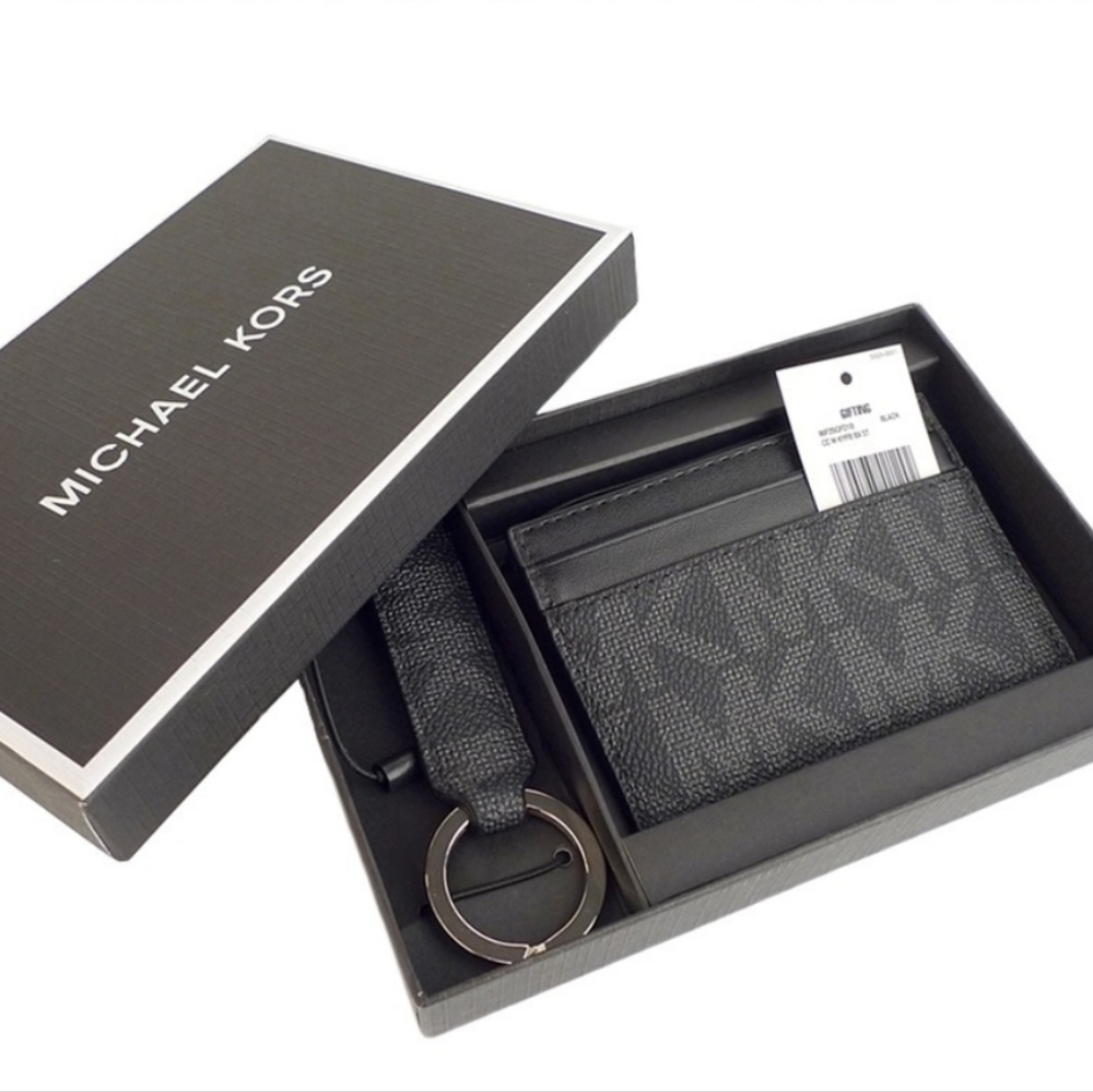 NWT Michael Kors Men’s Credit Card Holder Wallet & Keychain Black PVC Leather